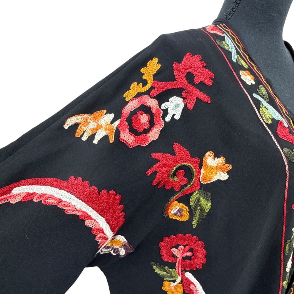 Zara Womens Black Embroidered Kimono Duster Cardigan Fringe Boho Festival M L - Picture 7 of 9